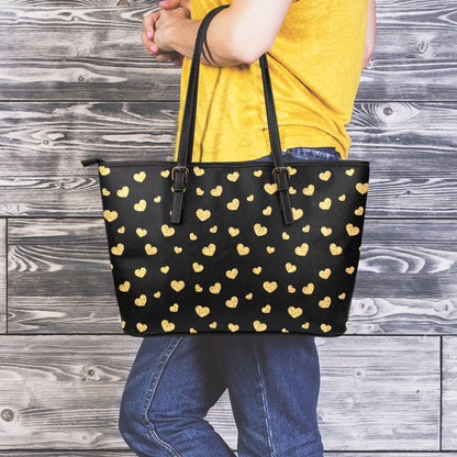 Gold And Black Heart Pattern Print Leather Tote Bag