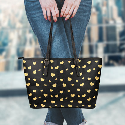 Gold And Black Heart Pattern Print Leather Tote Bag
