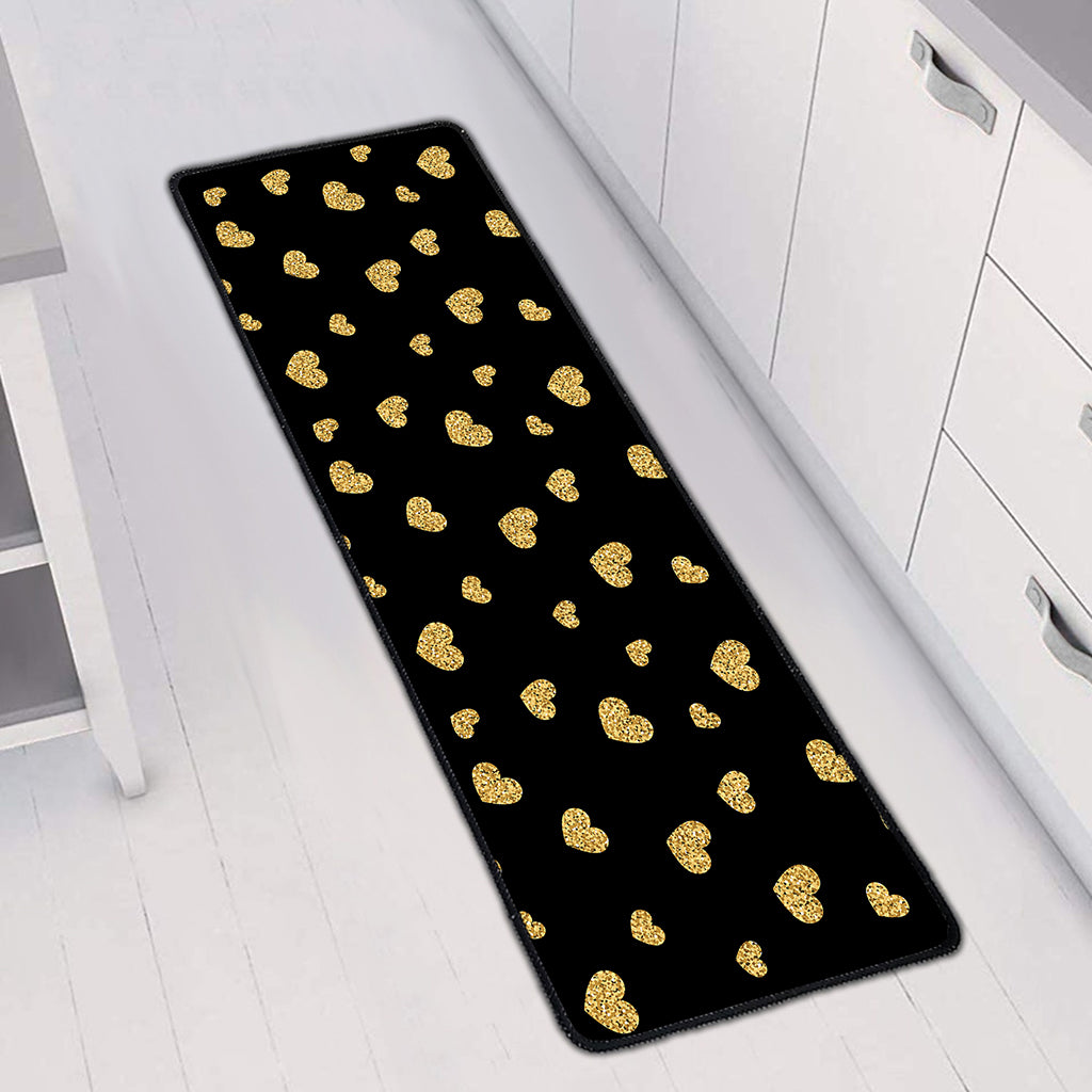 Gold And Black Heart Pattern Print Long Kitchen Mat