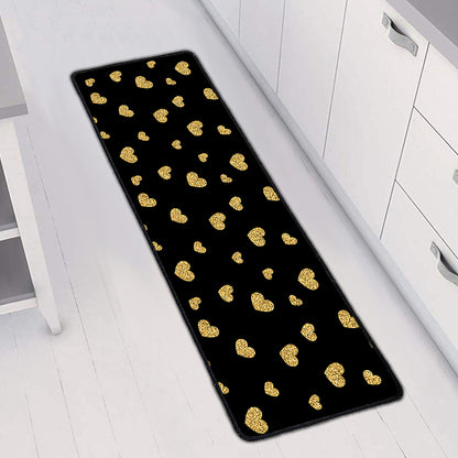 Gold And Black Heart Pattern Print Long Kitchen Mat