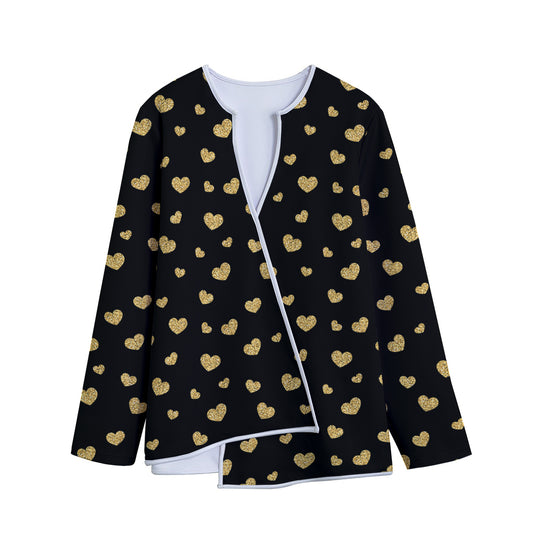 Gold And Black Heart Pattern Print Long Sleeve Short Coat
