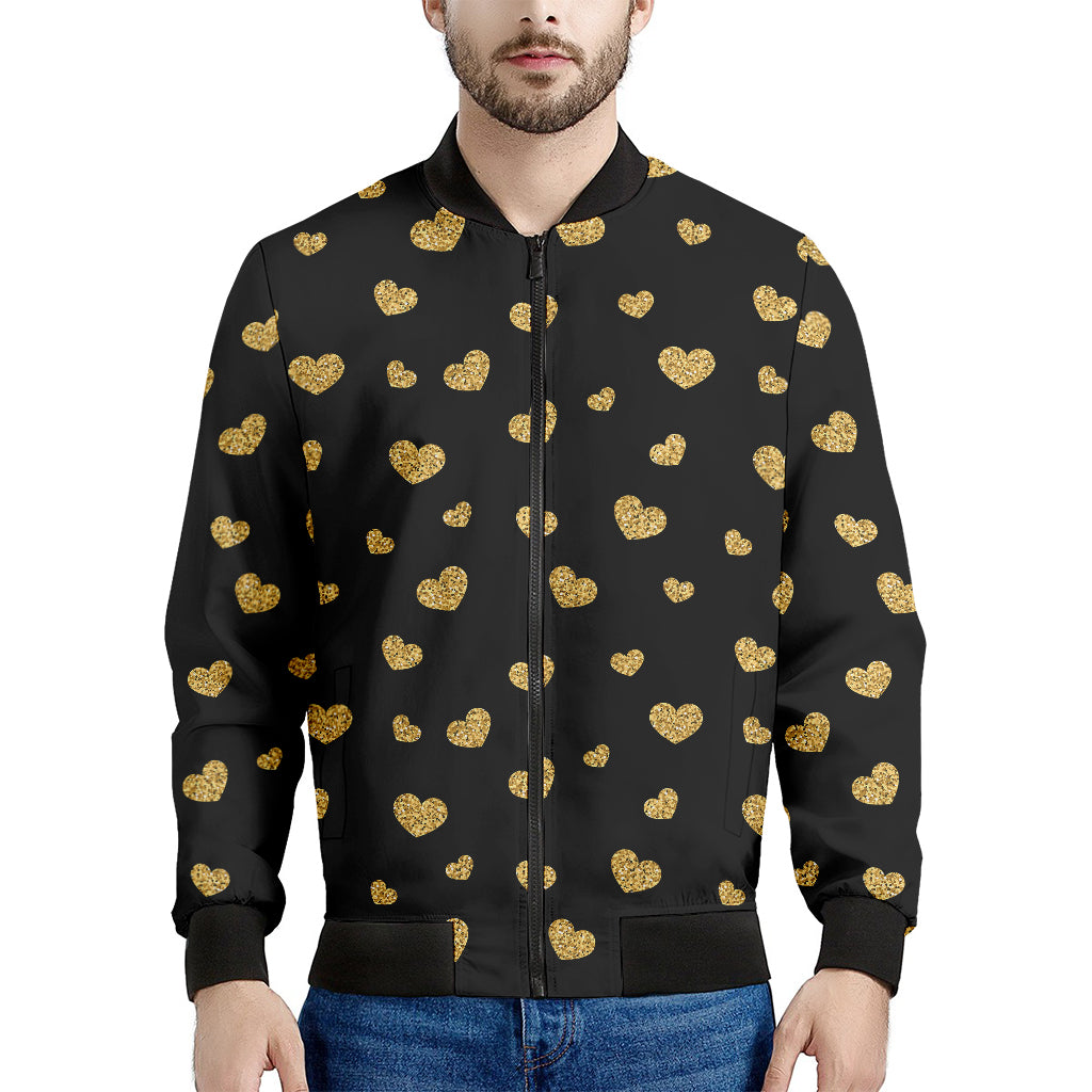 Gold And Black Heart Pattern Print Men's Bomber Jacket