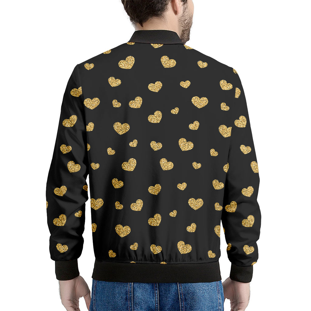 Gold And Black Heart Pattern Print Men's Bomber Jacket