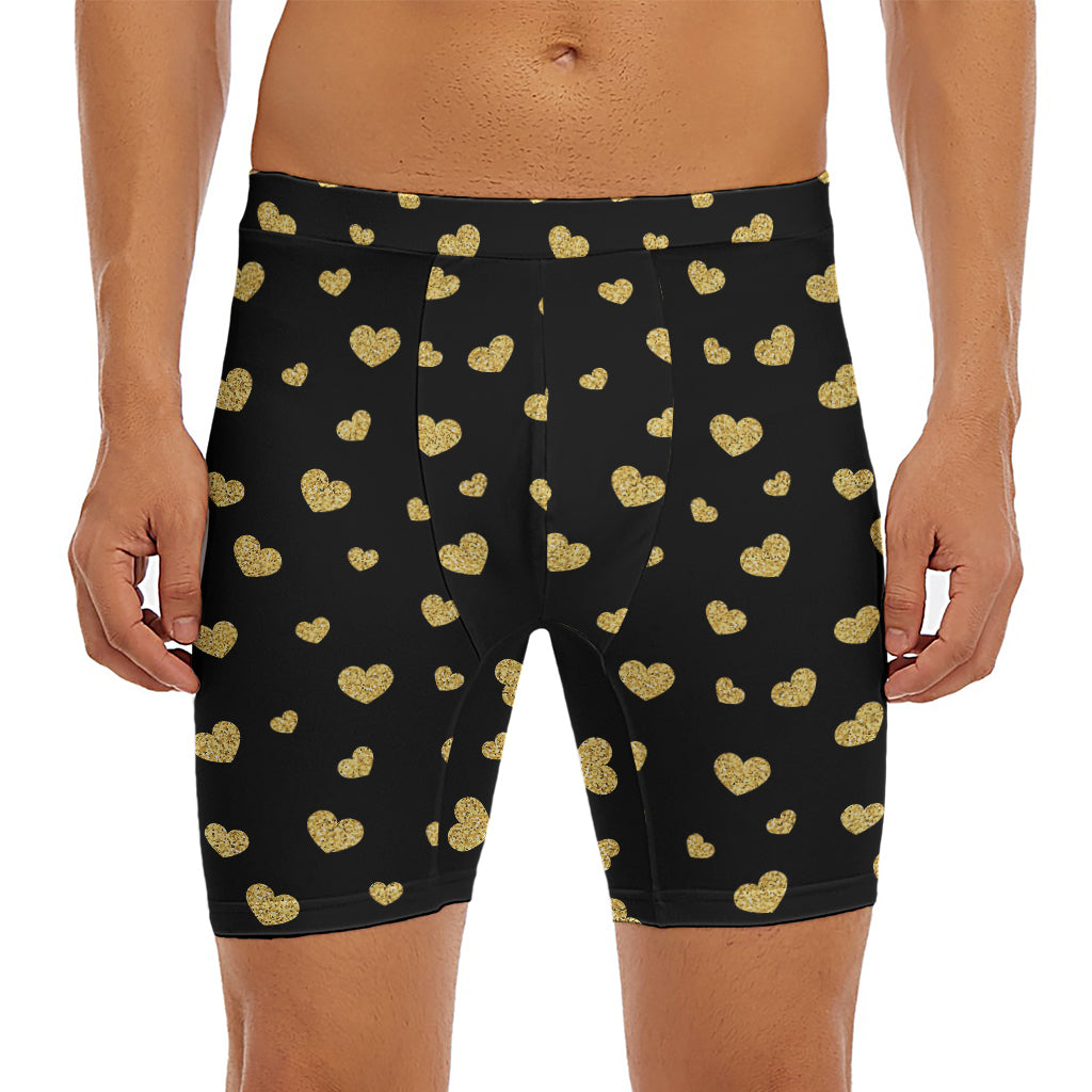 Gold And Black Heart Pattern Print Men's Long Boxer Briefs