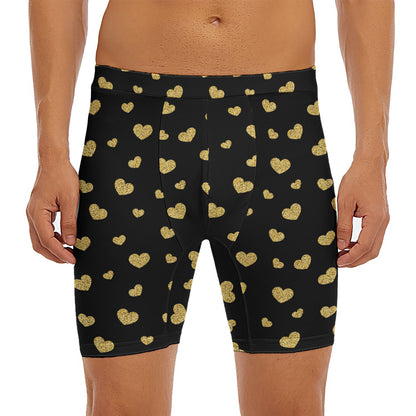 Gold And Black Heart Pattern Print Men's Long Boxer Briefs