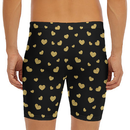 Gold And Black Heart Pattern Print Men's Long Boxer Briefs