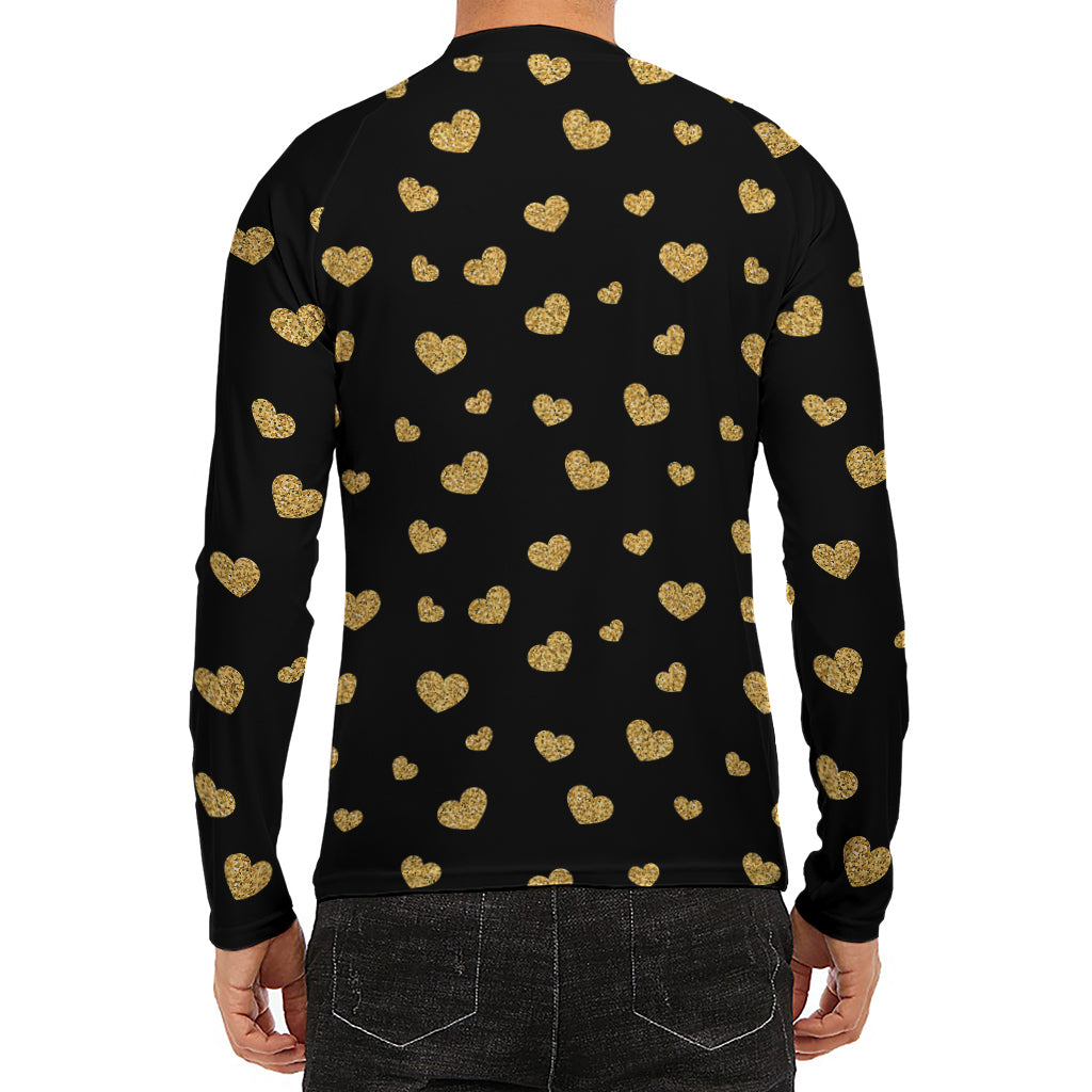 Gold And Black Heart Pattern Print Men's Long Sleeve Rash Guard