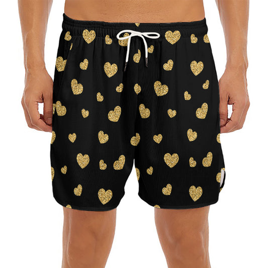 Gold And Black Heart Pattern Print Men's Split Running Shorts