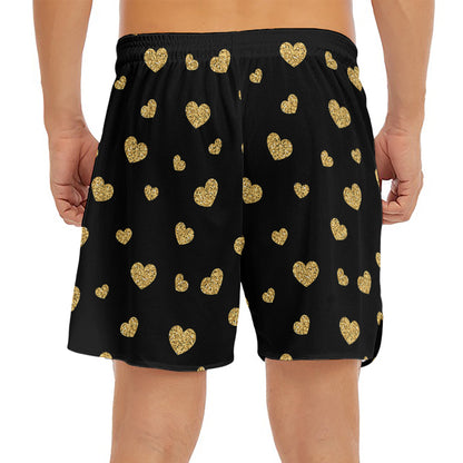 Gold And Black Heart Pattern Print Men's Split Running Shorts