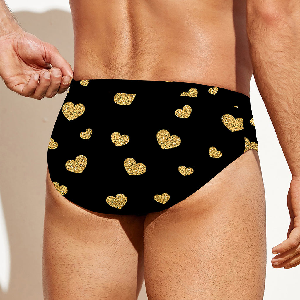 Gold And Black Heart Pattern Print Men's Swim Briefs