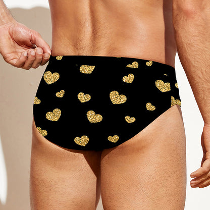 Gold And Black Heart Pattern Print Men's Swim Briefs