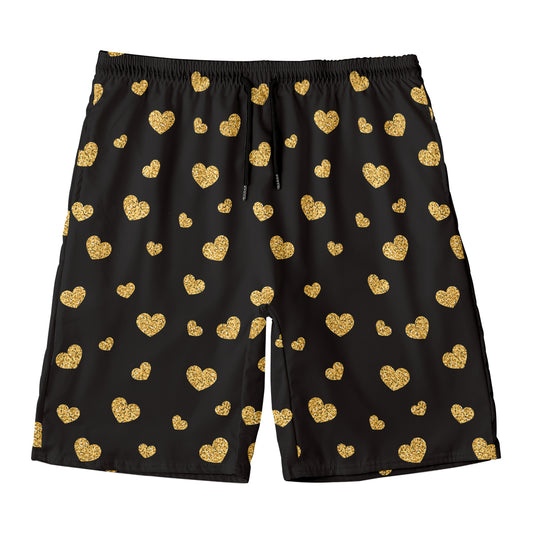 Gold And Black Heart Pattern Print Men's Swim Trunks