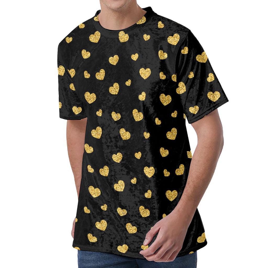 Gold And Black Heart Pattern Print Men's Velvet T-Shirt
