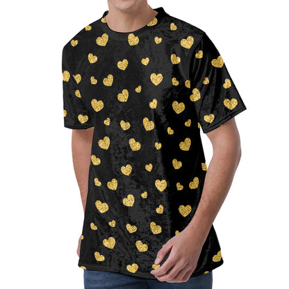Gold And Black Heart Pattern Print Men's Velvet T-Shirt