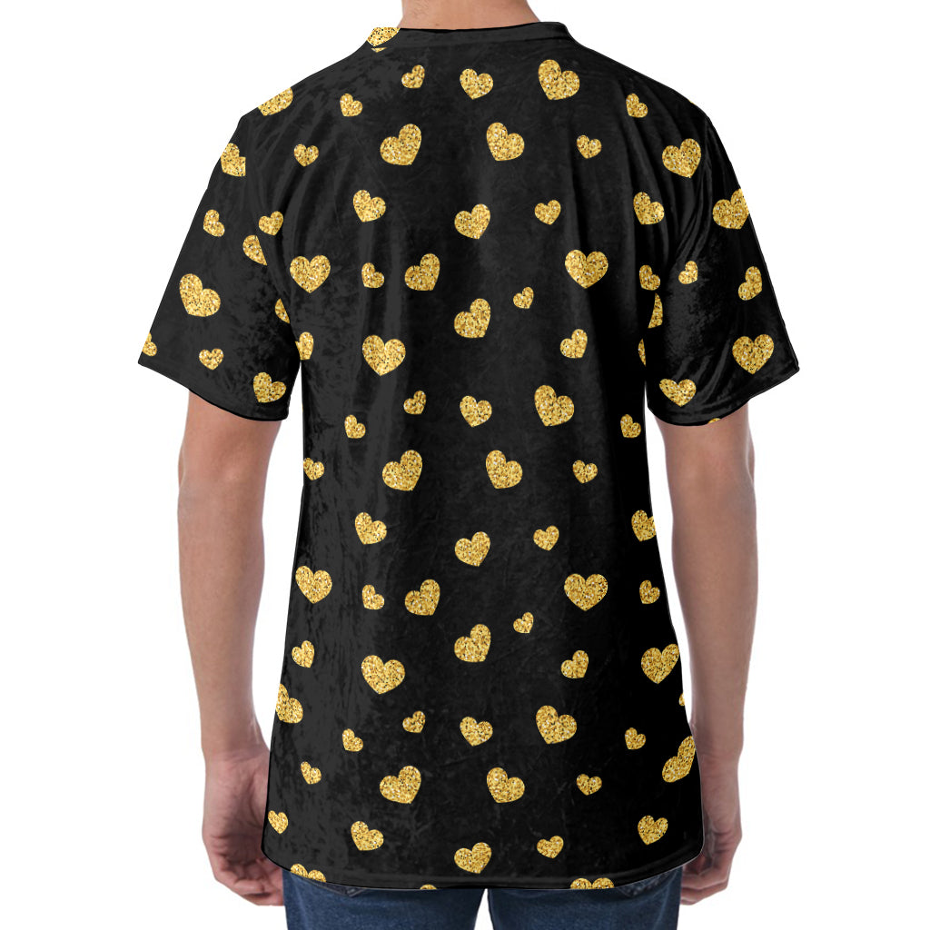 Gold And Black Heart Pattern Print Men's Velvet T-Shirt