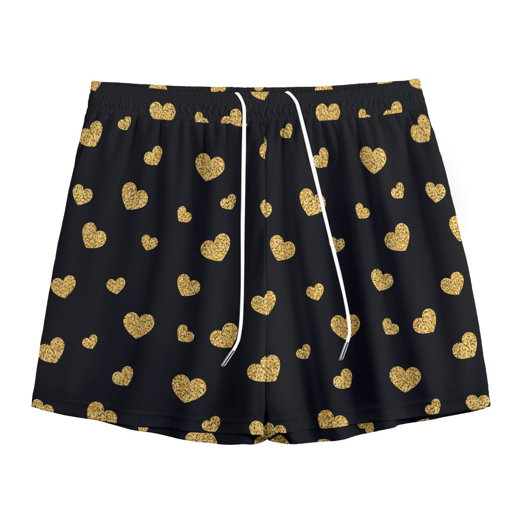 Gold And Black Heart Pattern Print Mesh Shorts