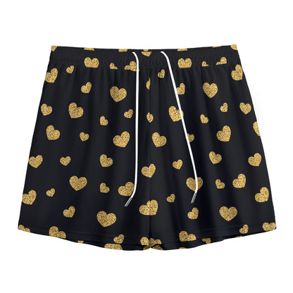 Gold And Black Heart Pattern Print Mesh Shorts