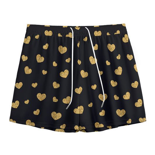 Gold And Black Heart Pattern Print Mesh Shorts