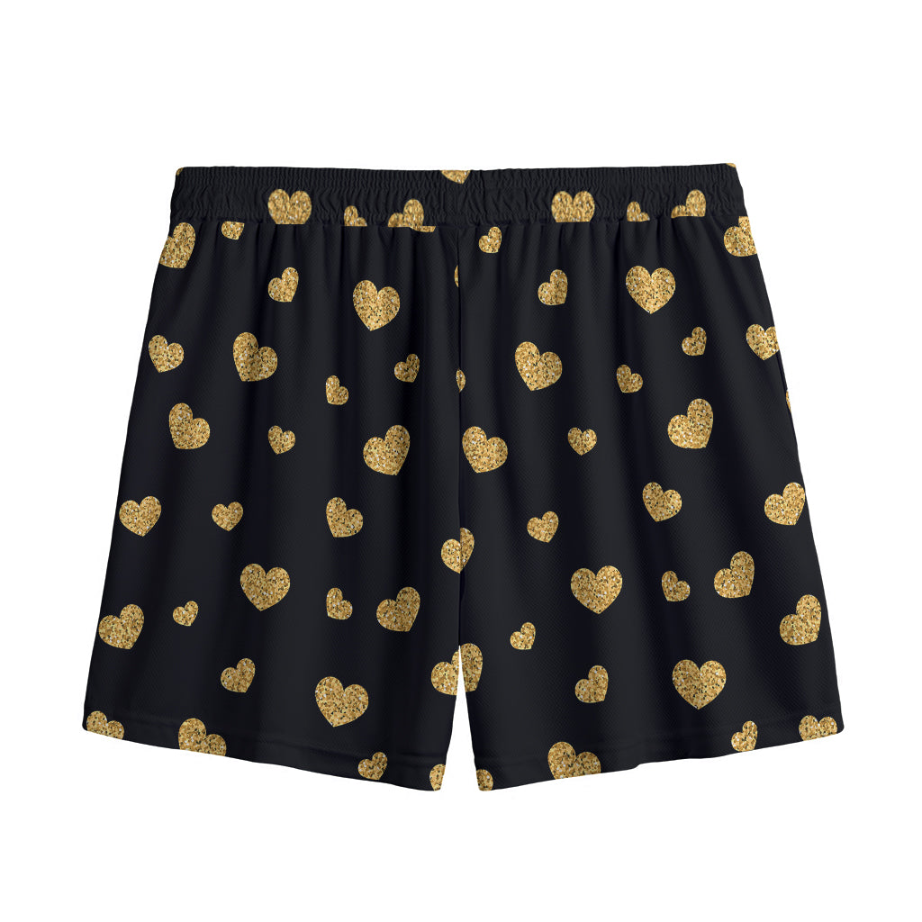 Gold And Black Heart Pattern Print Mesh Shorts