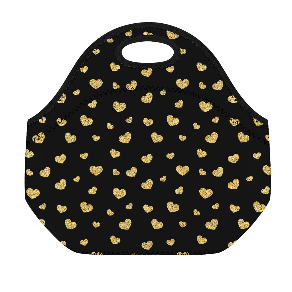 Gold And Black Heart Pattern Print Neoprene Lunch Bag