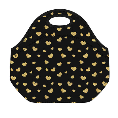 Gold And Black Heart Pattern Print Neoprene Lunch Bag
