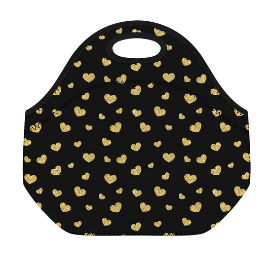 Gold And Black Heart Pattern Print Neoprene Lunch Bag