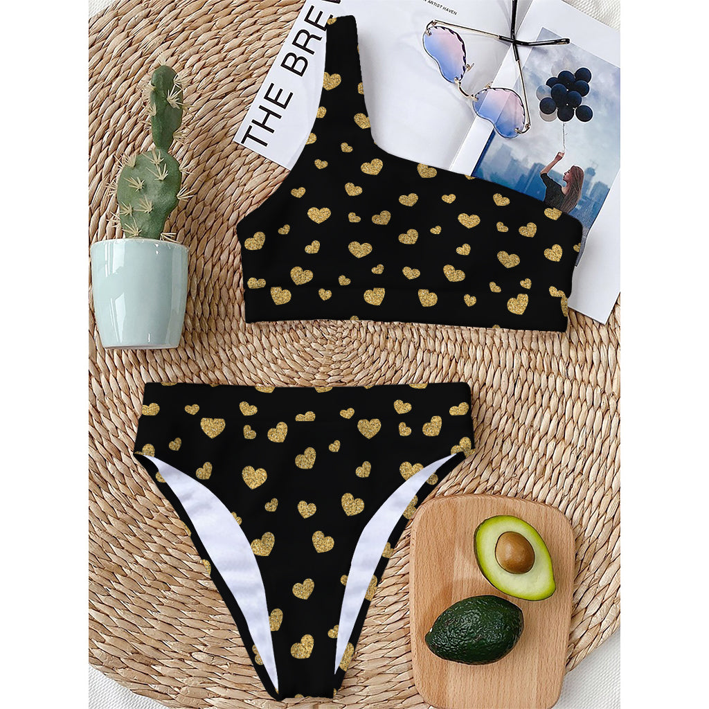 Gold And Black Heart Pattern Print One Shoulder Bikini Top