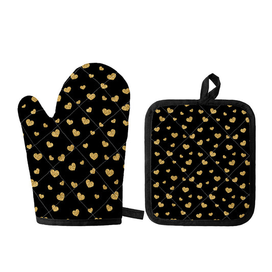 Gold And Black Heart Pattern Print Oven Mitt And Pot Holder Set
