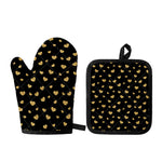 Gold And Black Heart Pattern Print Oven Mitt And Pot Holder Set