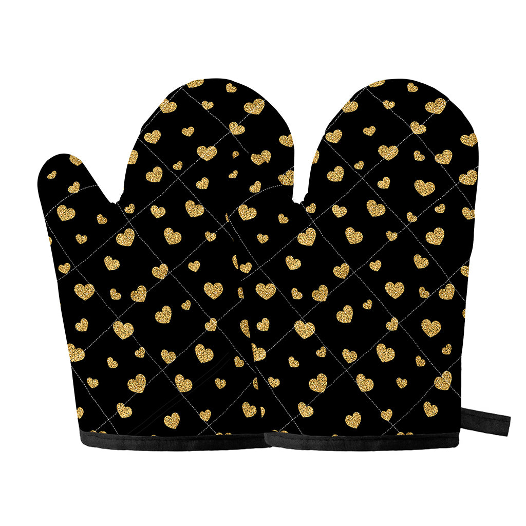 Gold And Black Heart Pattern Print Oven Mitts