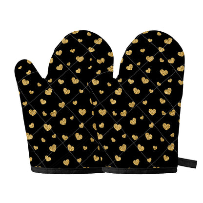 Gold And Black Heart Pattern Print Oven Mitts