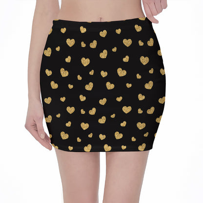 Gold And Black Heart Pattern Print Pencil Mini Skirt