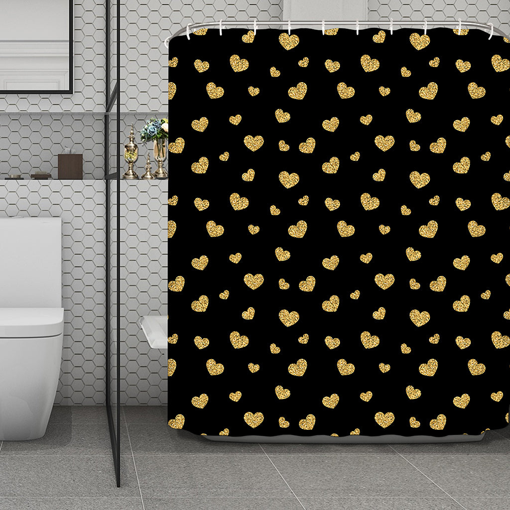 Gold And Black Heart Pattern Print Polyester Shower Curtain
