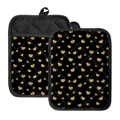 Gold And Black Heart Pattern Print Pot Holders With Pocket
