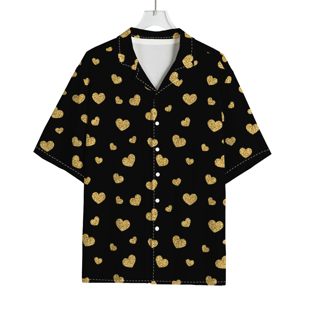 Gold And Black Heart Pattern Print Rayon Hawaiian Shirt