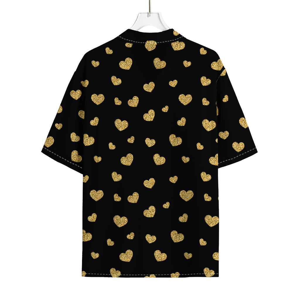 Gold And Black Heart Pattern Print Rayon Hawaiian Shirt