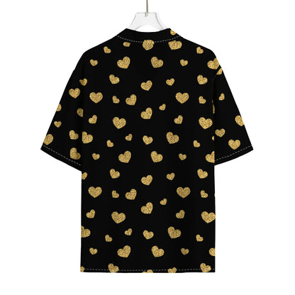 Gold And Black Heart Pattern Print Rayon Hawaiian Shirt