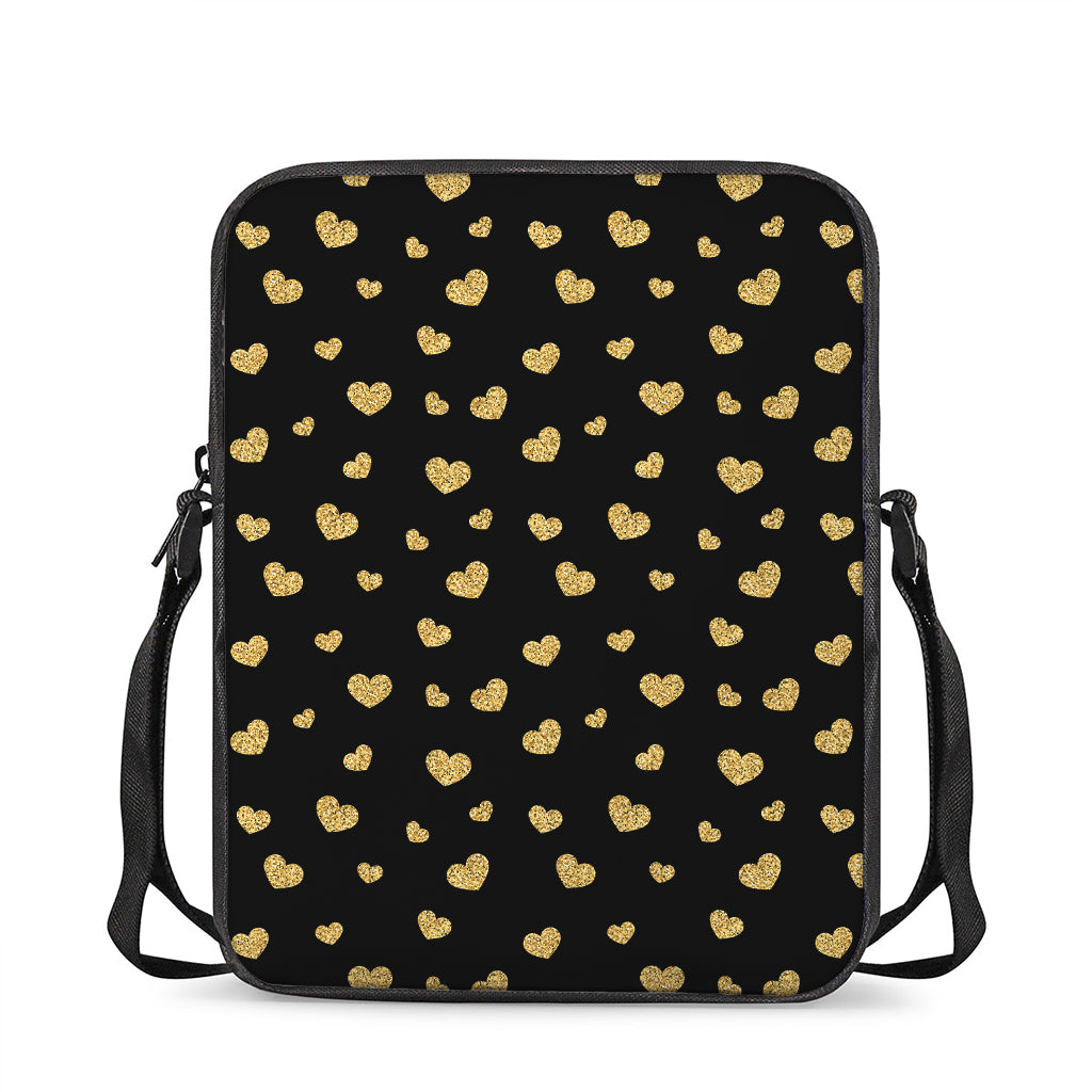 Gold And Black Heart Pattern Print Rectangular Crossbody Bag