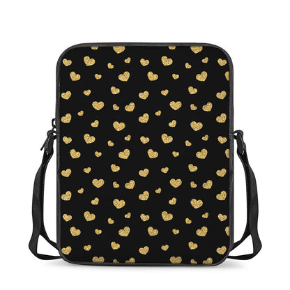 Gold And Black Heart Pattern Print Rectangular Crossbody Bag