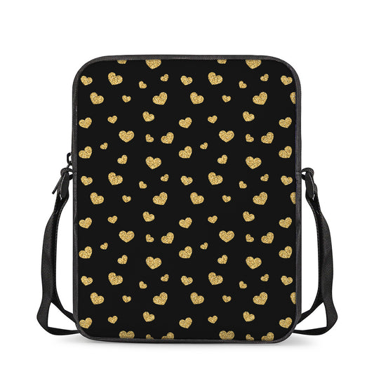 Gold And Black Heart Pattern Print Rectangular Crossbody Bag
