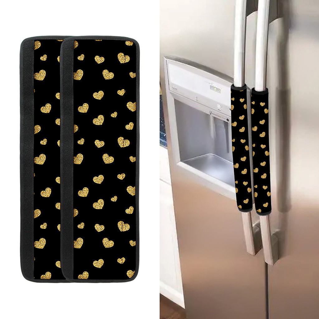 Gold And Black Heart Pattern Print Refrigerator Handle Covers