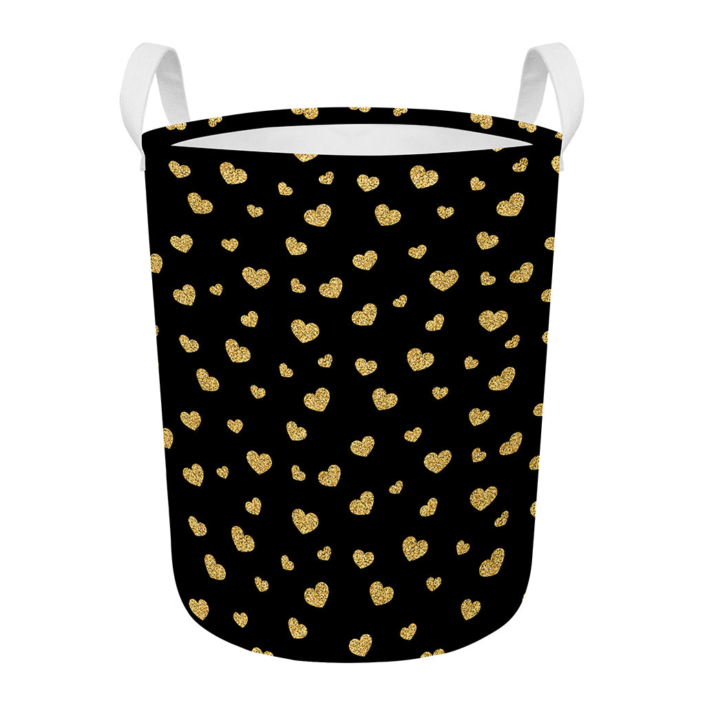 Gold And Black Heart Pattern Print Round Laundry Basket