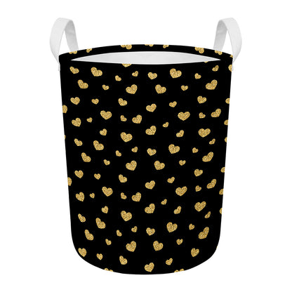 Gold And Black Heart Pattern Print Round Laundry Basket