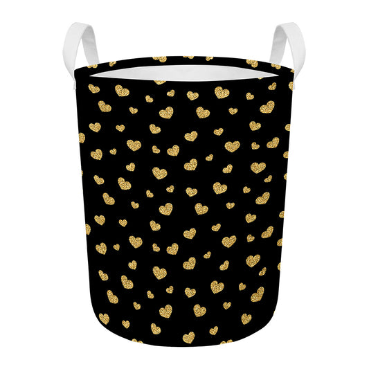 Gold And Black Heart Pattern Print Round Laundry Basket