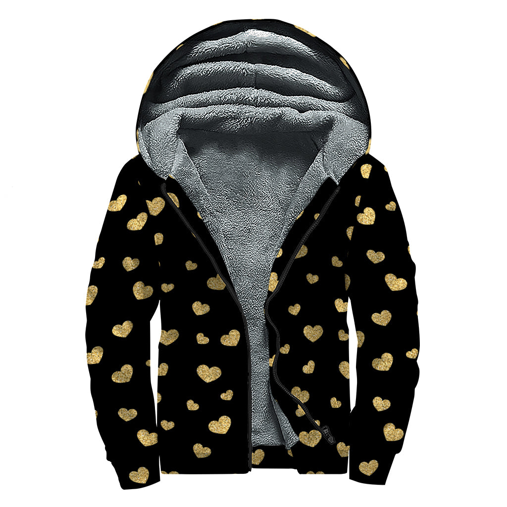 Gold And Black Heart Pattern Print Sherpa Lined Zip Up Hoodie