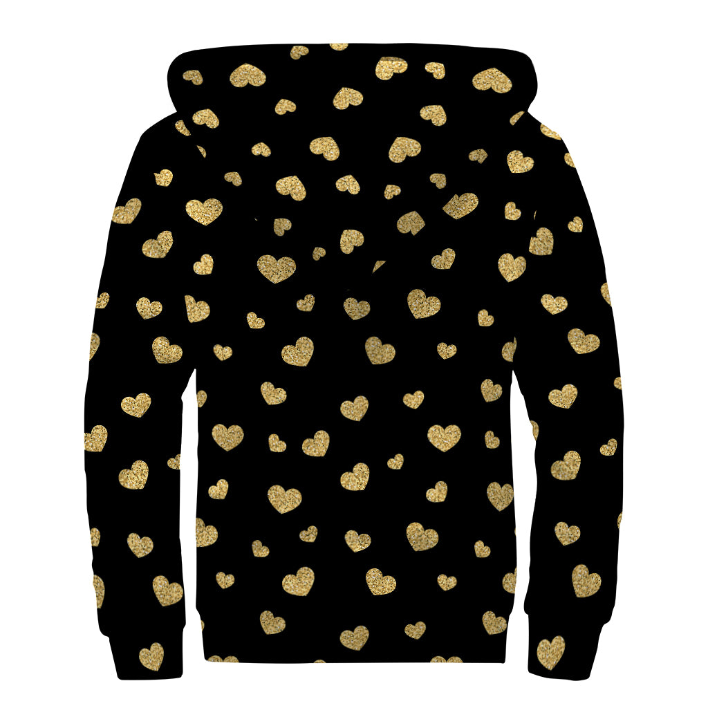 Gold And Black Heart Pattern Print Sherpa Lined Zip Up Hoodie