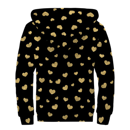 Gold And Black Heart Pattern Print Sherpa Lined Zip Up Hoodie