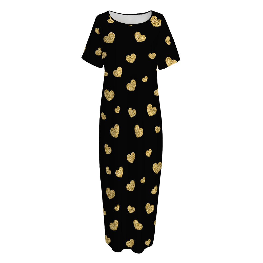 Gold And Black Heart Pattern Print Short Sleeve Long Nightdress