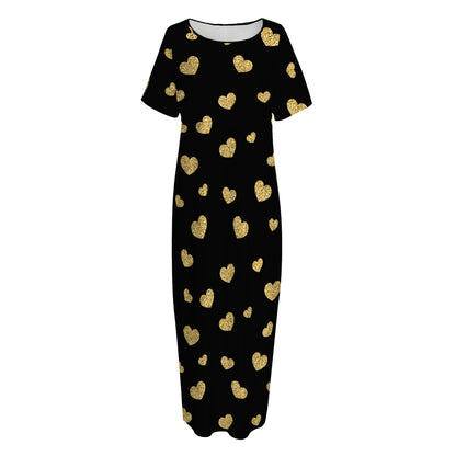 Gold And Black Heart Pattern Print Short Sleeve Long Nightdress