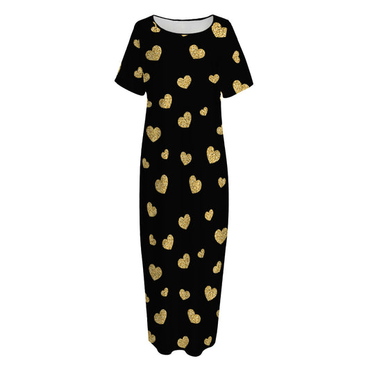 Gold And Black Heart Pattern Print Short Sleeve Long Nightdress